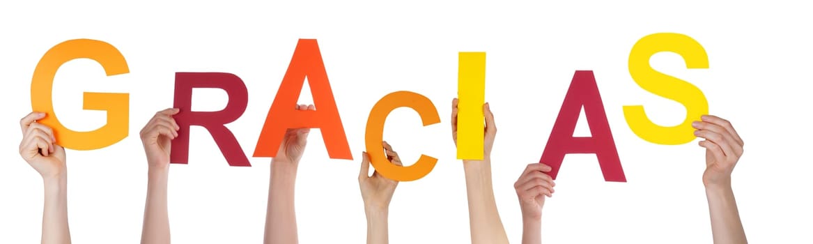 Many Hands Holding the Colorful Spanish Word Gracias Which Means Thanks, Isolated
