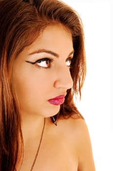 A closeup picture of the face and shoulder of a very pretty young woman.with brunette hair for white background..