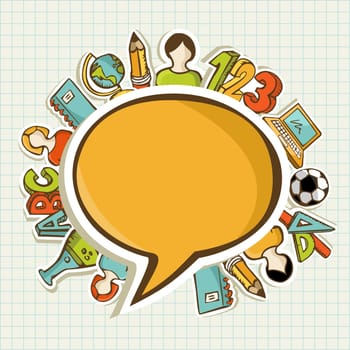 Education back to school colorful icons around social media speech bubble. Vector layered for easy personalization.