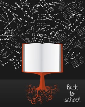 Back to School education knowledge book tree over science chalkboard. Vector layered for easy editing.