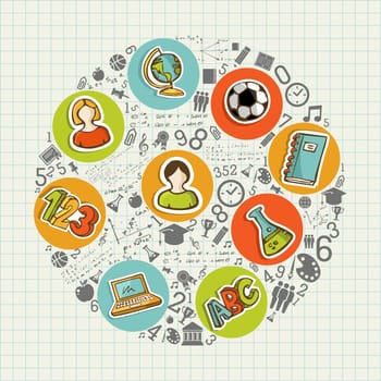 Back to School education colorful circle icons. Vector layered for easy personalization.