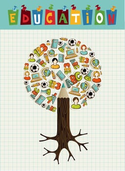 Back to school pencil tree global education icons grid sheet background. Vector layered for easy personalization.