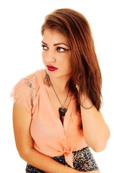 A portrait picture of a beautiful young woman looking at the side, for.white background..