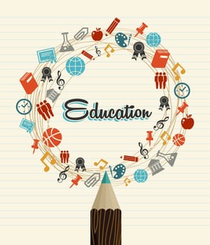 Back to School education global icons pencil over paper sheet background. Vector layered for easy editing.