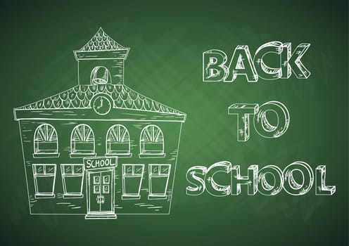 Back to school green chalkboard with school building. Vector layered for easy editing.