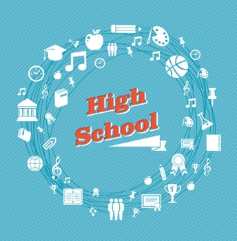 Back to school global icons high school education blue background. Vector layered for easy personalization.