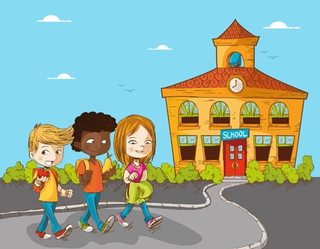 Back to school cartoon kids walking to school education illustration. Vector layered for easy personalization.