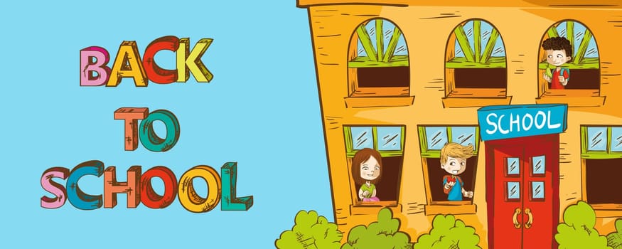 Back to School education School house with kids inside cartoon illustration. Vector layered for easy personalization