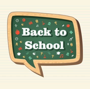 Back to School education icons in social media speech bubble over paper sheet background. Vector layered for easy editing.
