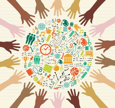 Back to School global icons education diversity human hands. Vector layered for easy personalization.