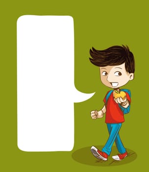 Education cartoon boy walking back to school with social media speech bubble. Vector layered for easy personalization.