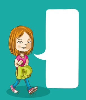 Education cartoon girl walking back to school with social media speech bubble. Vector layered for easy personalization.