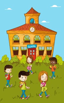 Education cartoon kids walking back to school illustration. Vector layered for easy personalization.