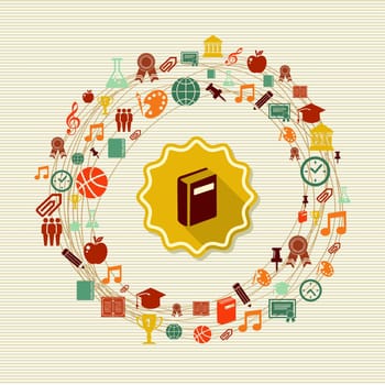 Education back to school global icons book label. Vector layered for easy personalization.