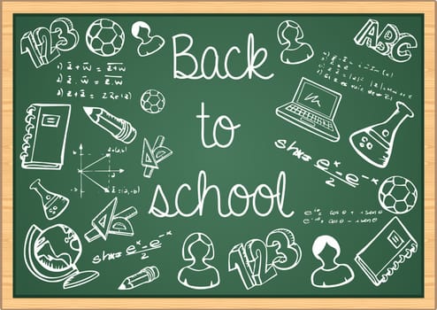 Back to School education icons over green chalkboard background. Vector layered for easy editing.