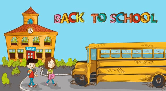 Education back to school colorful building, school bus and a couple of kids cartoon illustration. Vector layered for easy personalization.