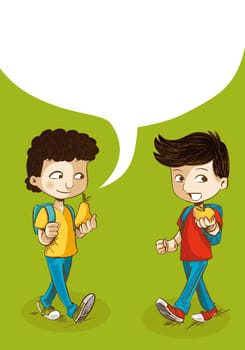 Education cartoon kids walking back to school with food and social media speech bubble. Vector layered for easy personalization.