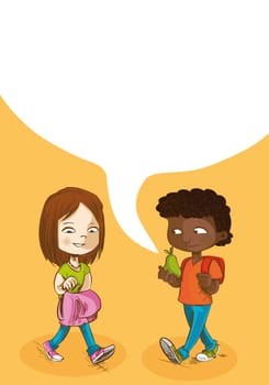 Education cartoon kids walking back to school with social media speech bubble. Vector layered for easy personalization.