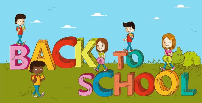 Back to school text cartoon kids walking to school education illustration. Vector layered for easy personalization.