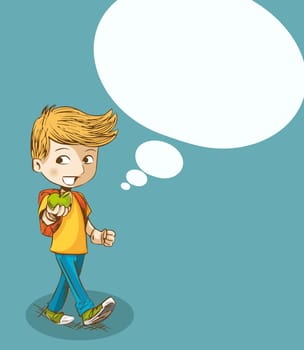 Back to school cartoon education boy walking with social media speech bubble. Vector layered for easy personalization.