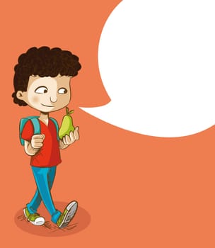 Education cartoon boy walking back to school with social media speech bubble. Vector layered for easy personalization.