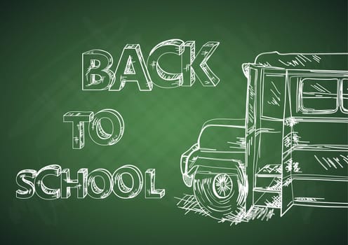 Back to school green chalkboard with School bus. Vector layered for easy editing.