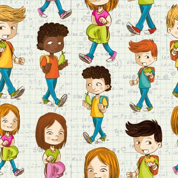 Education colorful cartoon kids back to school seamless pattern background. Vector layered for easy personalization.