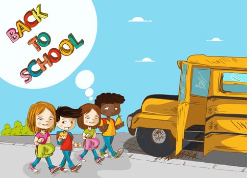 Education cartoon kids walking back to school bus with text with social media speech bubble. Vector layered for easy personalization.
