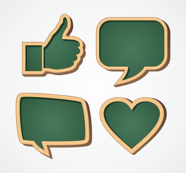 Back to school wooden chalkboard social media speech bubble human hand and love icons illustration. Vector file layered for easy personalization.