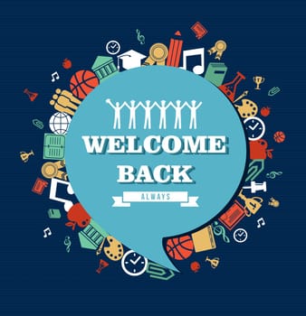 Education global icons set around social media speech bubble Welcome back text Back to School illustration. Vector file layered for easy personalization.
