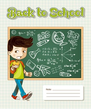 Education cartoon boy walk back to school, chalkboard grid sheet background. Vector file layered for easy personalization.