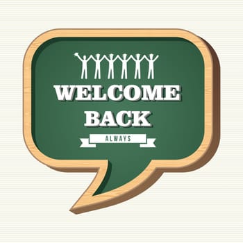Back to school social media speech bubble wood chalkboard, people icons illustration. Vector file layered for easy personalization.