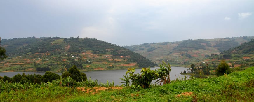 The terraced farming community hills on the shores of Lake Bunyoni in Uganda