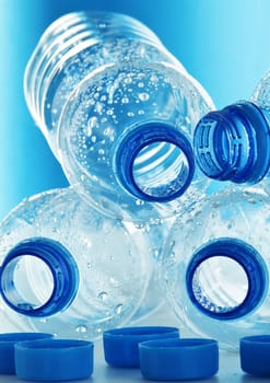 Composition with empty polycarbonate plastic bottles of mineral water