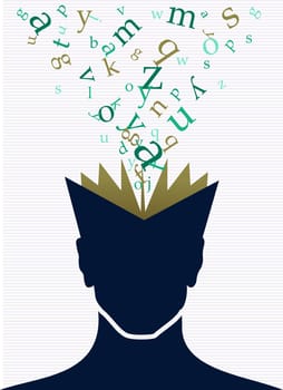 Vintage human head open book words splash illustration. Vector file layered for easy manipulation and custom coloring.