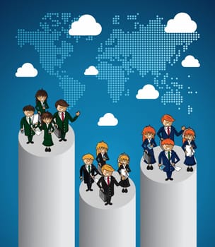 World map business work group rank location cartoon illustration. Vector file layered for easy personalization.