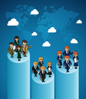 Global map business work group rank location cartoon illustration. Vector file layered for easy personalization.