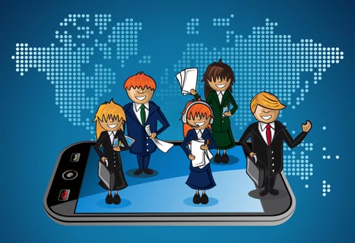 Smart phone world map business application people teamwork cartoon. Vector file layered for easy personalization.