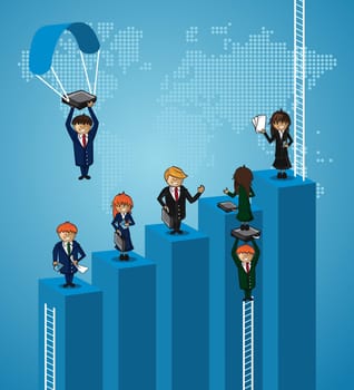 Teamwork world map business people with ladders concept. Vector file layered for easy manipulation and custom coloring..