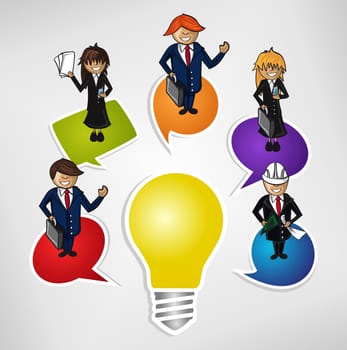 Cartoon people with social media bubble over idea light bulb. Vector file layered for easy personalization.