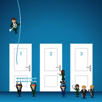 Business success, choice door leadership key cartoon people. Vector file layered for easy personalization.