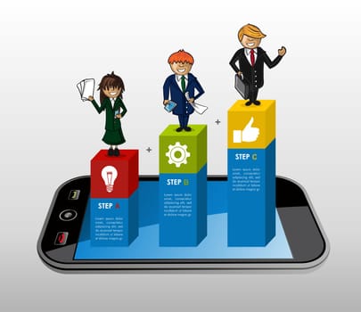 Business smart phone application infographics cartoon illustration. Vector file layered for easy personalization.