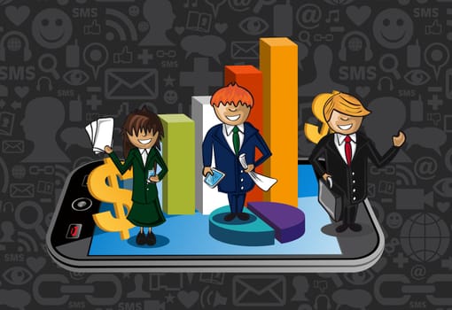 Smart phone business success teamwork illustration. Vector file layered for easy manipulation and custom coloring..