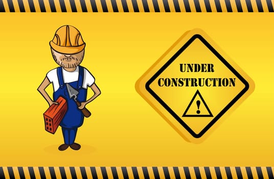 Construction worker man cartoon, under construction warning sign yellow background. Vector file layered for easy editing.