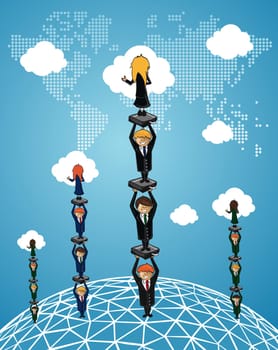 Global Business people work group success using cloud computing cartoon illustration. Vector file layered for easy manipulation and custom coloring..