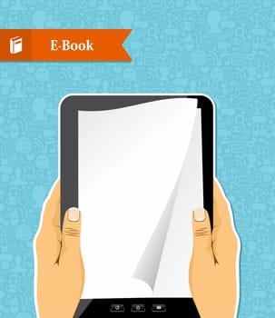 Human hands holds a digital book, social media icons background. Vector file layered for easy manipulation and custom coloring.