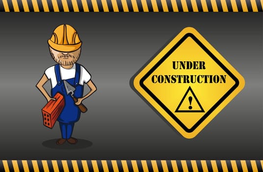 Construction worker man cartoon, yellow under construction warning sign, grey background. Vector file layered for easy editing.