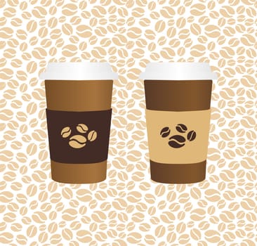 Coffee paper cups, beans seamless pattern background. Vector file layered for easy manipulation and custom coloring.