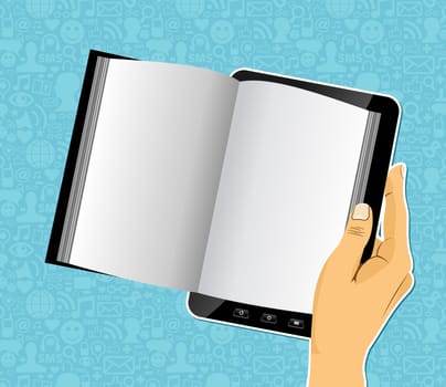 Human hand holds a digital book social media icons background. Vector file layered for easy manipulation and custom coloring.
