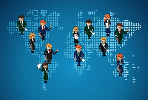 Global map business teamwork happy faces cartoon illustration. Vector file layered for easy personalization.